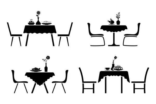 Mutfak Siyah Beyaz Simge Seti Masa Sandalye Kafe Tasarım Piktogram — Stok Vektör