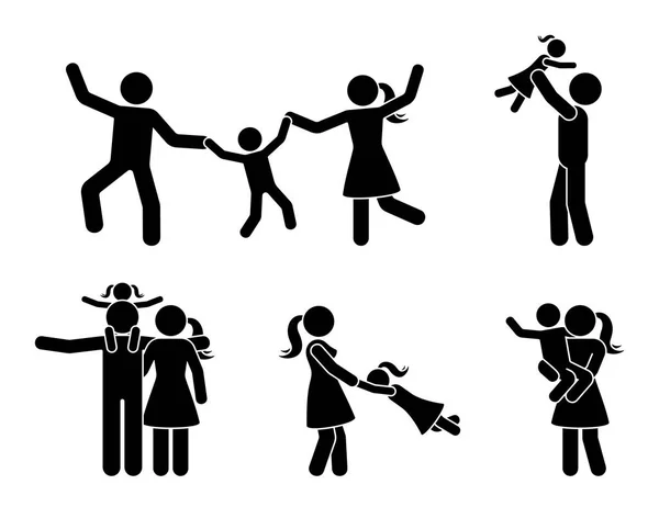 Stick Figure Famille Heureuse Ayant Jeu Icônes Amusant Les Parents — Image vectorielle