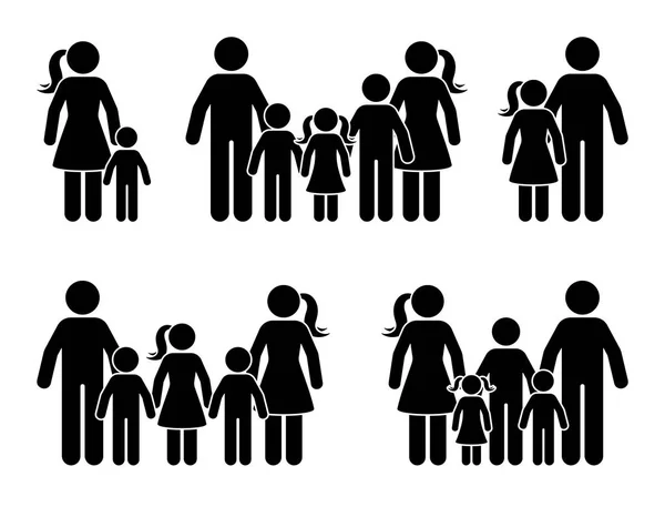 Stick Figure Razem Stojący Duże Ikony Dla Rodzin Dziećmi Rodzice — Wektor stockowy
