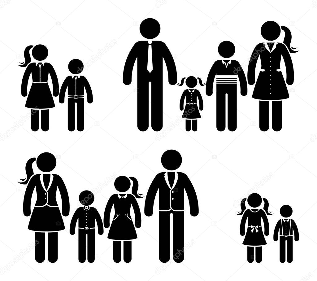 Stick figure family in nice clothes icon set. Full dressed people in different age pictogram