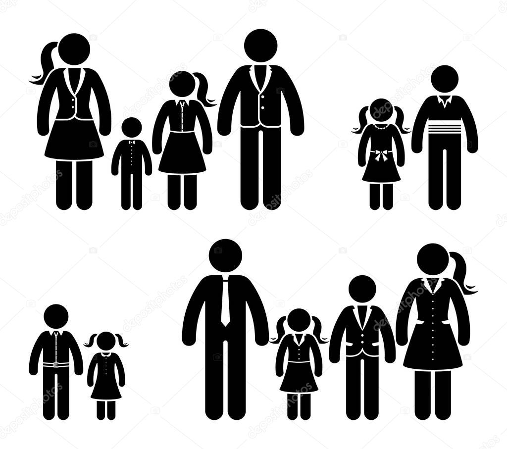 Stick figure father, mother, daughter and son icon. Big happy family pictogram