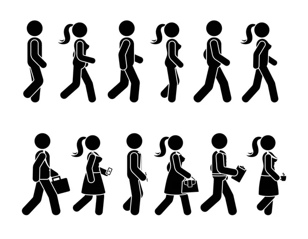 スティック図歩く人と女性のベクトルのアイコンを設定します 転送シーケンス ピクトグラムを移動する人々 のグループ — ストックベクタ
