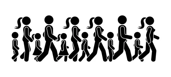 スティック図歩く人々 のベクター アイコン セットのグループ 女性と子供の前進シーケンス ピクトグラム — ストックベクタ