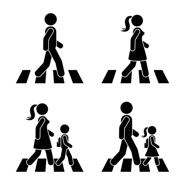 Stick Figure Walking Pedestrian Vector Icon Pictogram Man Woman Children — Stock Vector