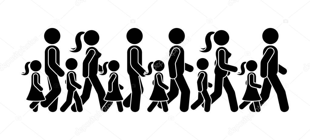 Stick figure walking group of people vector icon pictogram. Man, woman and children moving forward sequence set