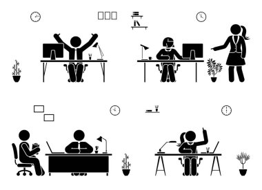 Sopa rakam iş ofis vektör simge adamları. Çalışma, çözme, piktogram raporlama kadın ve erkek