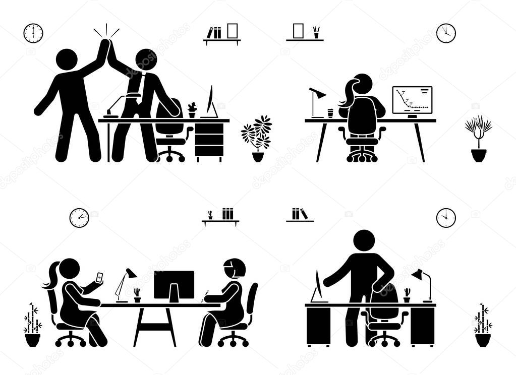 Stick figure business office vector icon pictogram on white. Men and women happy, working, sitting, reporting, writing people silhouette
