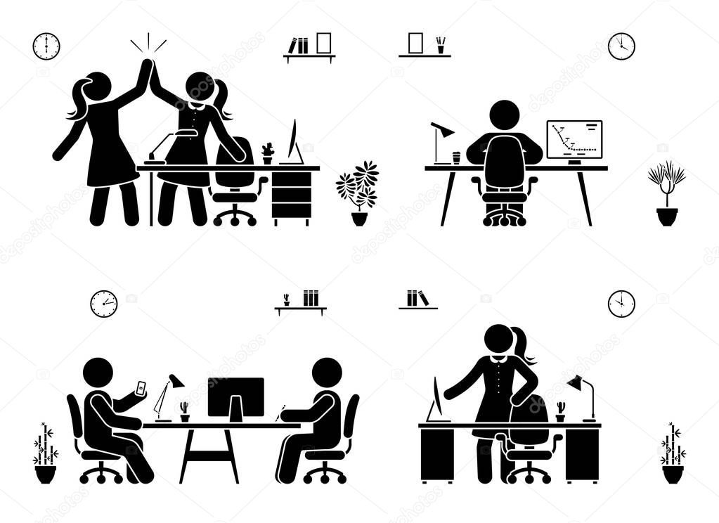 Stick figure business office vector icon silhouette on white. Men and women happy, working, sitting, reporting, writing people pictogram