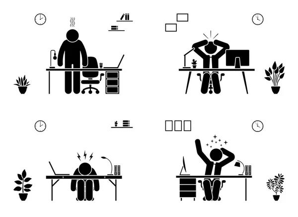 Trött Stressad Olycklig Uttråkad Stick Figur Man Office Vector Ikonuppsättning — Stock vektor