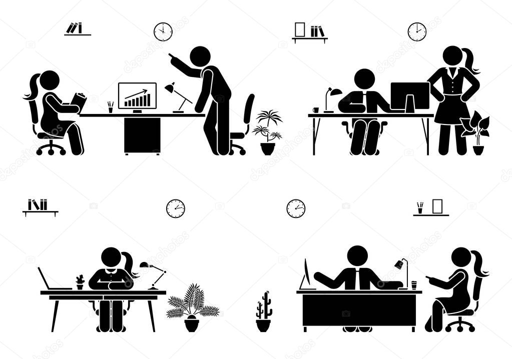 Office busy working stick figure people vector icon set. Teamwork, solution, communication, supervisor pictogram