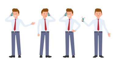 Genç ofis çalışanı resmi aşınmaya smartphone kullanarak. Yakışıklı yetişkin adam dijital aygıt iletişim kavramı - vektör karikatür karakter tasarımı