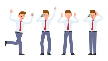 Formal giyim şokta, çalışan bağırarak, sürpriz, hayret, arama, konuşmak genç ofis çalışanı. İstimal smartphone duygular genel kavram - vektör karakter tasarımı kızgın, gergin dostum, çizgi film