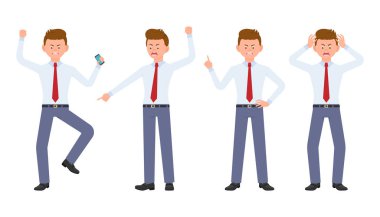 Formal giyim öfkeli, gergin, umutsuz genç Ofis Yöneticisi. Bağırarak, parmak, mutsuz adam duygular kavramı - vektör işaret karikatür karakter tasarımı