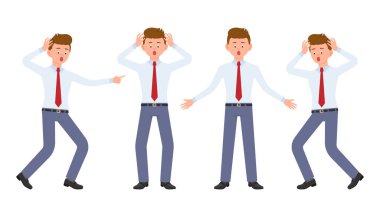 Formal giyim şok, genç ofis çalışanı şaşırttı, hayret, baskı altında. Çizgi film karakteri tasarımını vurguladı, merak, gergin, korkmuş bir adam duygular kavramı - vektör