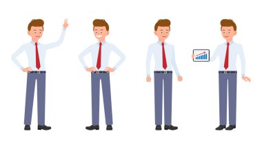 Zafer işareti, gülümseyen gösterilen genç, yakışıklı, mutlu ofis çalışanı ile tablet, formal giyim ayakta. Çizgi film karakter tasarımı kavramının şirin, samimi yetişkin adam sakin, tasasız duygusal - vektör