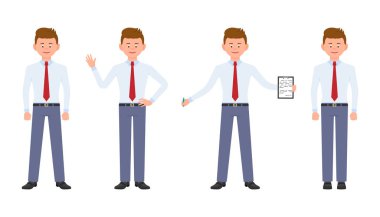 Notları ile ayakta, Merhaba, sallayarak formal giyim yazma, gülümseyen genç, sevimli, mutlu ofis çalışanı. Çizgi film karakter tasarımı kavramının yakışıklı, samimi yetişkin adam sakin, kaygısız, neşeli duygusal - vektör