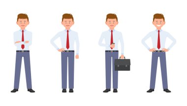 Genç, yakışıklı, mutlu ofis Müdürü formal giyim daimi kahve ile evrak çantası, çapraz eller, gülümseyen. Çizgi film karakter tasarımı kavramının şirin, samimi yetişkin adam memnun, kendine güvenen, korkusuz duygusal - vektör