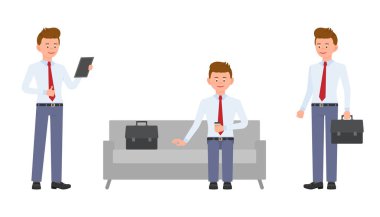 Genç, yakışıklı, mutlu ofis Müdürü tablet ile formal giyim ayakta, evrak çantası, koltukta oturan çapraz eller. Çizgi film karakter tasarımı çalışan şirin, samimi yetişkin adam, bekleyen, kurumsal duygusal kavramı - vektör