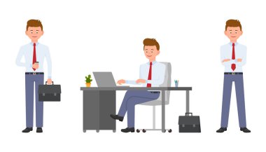 Genç dostu office Manager'da holding kahve ve evrak çantası, formal giyim masa başında oturan dizüstü bilgisayar kullanarak. Çizgi film karakter tasarımı gülümseyen, yazarak, güvenle duygusal kavramı - vektör ayakta yakışıklı adamın