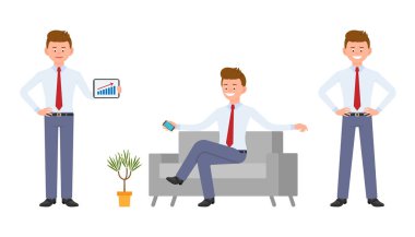 Koltukta oturan, akıllı telefon tutarak, infographics gösteren resmi aşınmaya genç mutlu ofis çalışanı. Çizgi film karakter tasarımı sırasında gün iş kavramı - vektör yakışıklı kişi farklı davranış