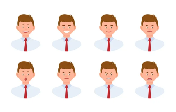 Emotionales Gesicht Cartoon Figur Junger Büromensch Design Set Glücklich Lächelnd — Stockvektor