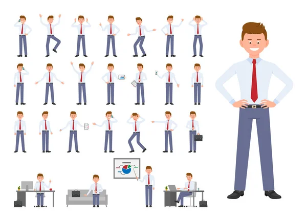 办公室经理的卡通性格不同姿势 情感设计集 愤怒的年轻人穿着商务服装站着 坐在白色的背景 — 图库矢量图片