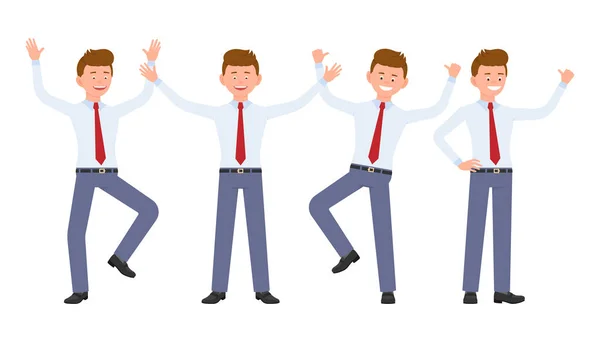 快乐的办公室男人在正式的服装上跳 站起手来 玩得很开心 卡通人物设计可爱的成年家伙快乐 无忧无虑的情感概念 — 图库矢量图片