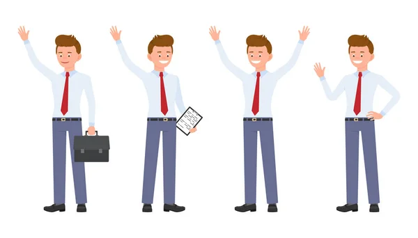 Young Handsome Happy Office Worker Formal Wear Waving Standing Hands — Stock Vector