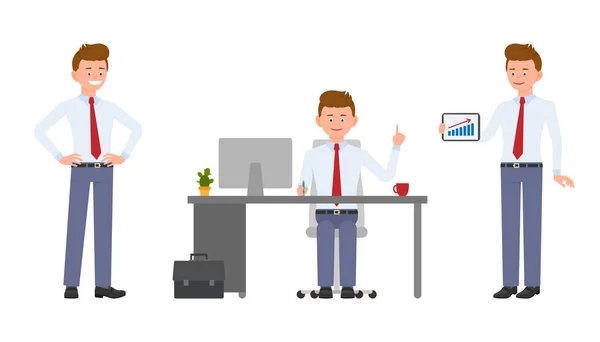 Young friendly office manager in formal wear sitting at the desk, pointing finger, showing infographics. Cartoon character design of handsome man smiling, reporting, standing confidently emotional concept - Vector