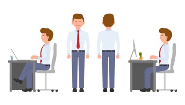 Genç Ofis Yöneticisi masa başında oturan, yazma, yazma formal giyim'nde. Karikatür karakter tasarımı gülümseyen yakışıklı adam, ayakta, açık ve görünümü duygusal kavramı - vektör geri