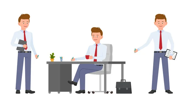 年轻友好的办公室经理穿着正式的衣服坐在办公桌前 拿着笔记和平板电脑 英俊的人的动画片字符设计微笑 思考情感概念 — 图库矢量图片