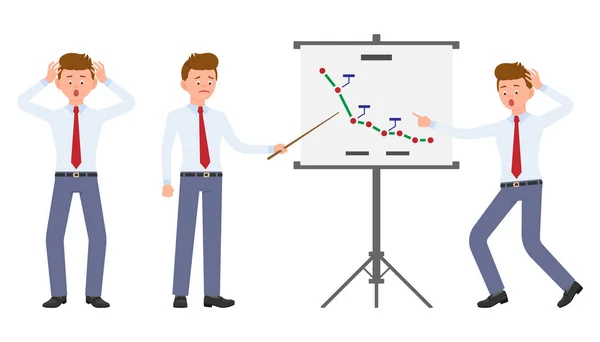 Young office worker making presentation shocked, surprised, amazed, under the pressure. Cartoon character design of stressed, worry, nervous, scared man emotions concept - Vector