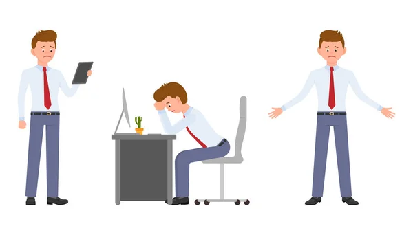 穿着正式服装的年轻上班族穿着平板电脑站在办公桌前 卡通人物设计的压力 失望的人在工作的概念 — 图库矢量图片
