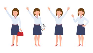 Genç, güzel, mutlu ofis Sekreteri sallıyor, elleri ayakta, merhaba diyor. Sevimli, dostça yetişkin kadın karikatür karakter tasarımı neşeli, kaygısız duygusal kavramı