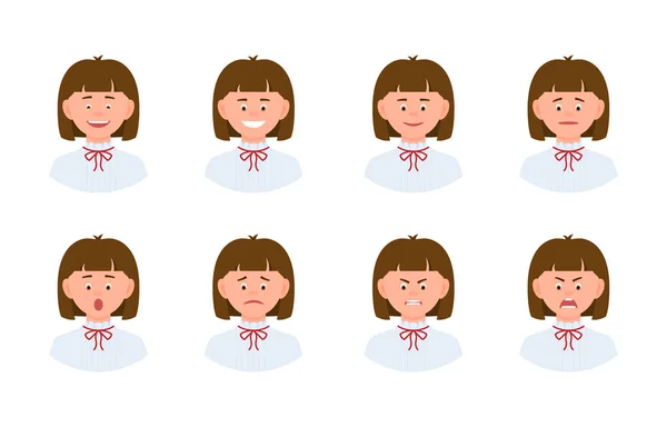 Emotional face cartoon character young office woman design set. Happy, smiling, upset, surprised, sad, angry, shouting person flat concept