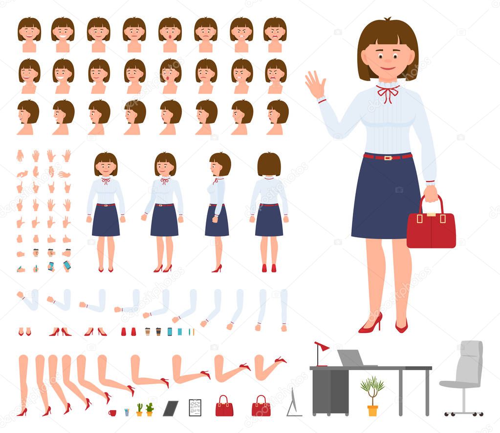 Office manager woman cartoon character constructor design set. Generator of waving young adult lady in business clothing standing on white background