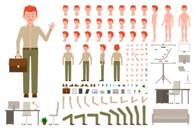 Kızıl saçlı ofis işçi çizgi film karakter vücut parçaları oluşturma seti. Yeşil pantolon vektör illüstrasyon genç adam sallayarak