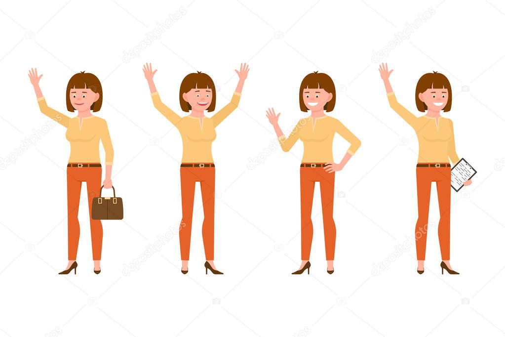 Happy, smiling, pretty brown hair young office woman in orange pants vector illustration. Waving, saying hello, hands up, standing with notes girl cartoon character set on white background