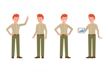 Mutlu, gülümseyen, sevimli kırmızı saçlı yeşil pantolon vektör illüstrasyon genç ofis adam. Tablet ile ayakta, zafer işareti çocuk çizgi film karakteri beyaz arka plan üzerinde ayarlanmış gösteren 