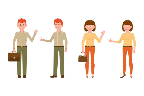 Happy, smiling, calm, young office man and woman worker vector illustration. Standing front view, waving hello, pointing finger boy and girl cartoon character set on white background