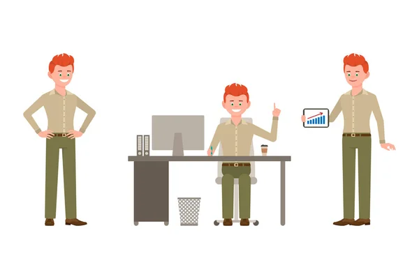 红头发年轻的办公室男子矢量插图 坐在办公桌前 站在平板电脑上 指着手指男孩卡通人物设置在白色背景 — 图库矢量图片