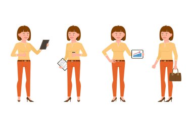 Zarif, kendinden emin kahverengi saçlı turuncu pantolon vektör illüstrasyon genç kadın. Okuma, notlar, tablet, kahve, evrak çantası kız çizgi film karakteri beyaz arka plan üzerinde ayarlanmış ayakta