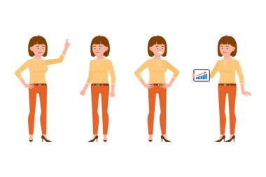 Turuncu pantolon vektör illüstrasyon mutlu, gülümseyen, sevimli kahverengi saçlı genç ofis kadın. Tablet ile ayakta, zafer işareti kız çizgi film karakteri beyaz arka plan üzerinde ayarlanmış gösteren 