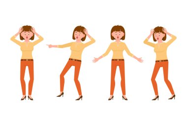 Şaşırmış, şok, korkmuş, baskı altında kahverengi saçlı turuncu pantolon vektör illüstrasyon genç kadın. Stresli, endişe, sinir kız çizgi film karakteri beyaz arka plan üzerinde ayarlayın