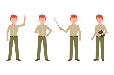 Yakışıklı, gülümseyen, mutlu kızıl saçlı genç adam akıllı rahat ofis vektör illüstrasyon giymek. Ayakta, zafer işareti gösteren, değnek tutan, beyaz arka plan üzerinde ayarlanmış notlar çocuk çizgi film karakteri yazma 