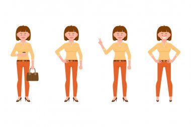Turuncu pantolon vektör illüstrasyon gülümseyen, samimi, kahverengi saçlı genç ofis kadın. Kahve içmek, zafer işareti ön görünüm ayakta kız çizgi film karakteri beyaz arka plan üzerinde ayarlanmış shoving