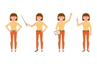 Rahat ofis mutlu, komik, kahverengi saçlı genç ofis çalışanı bayan vektör illüstrasyon bakmak. Merhaba sallayarak, işaret parmağı, değnek tutan, beyaz arka plan üzerinde ayarlanmış duran kız çizgi film karakteri 