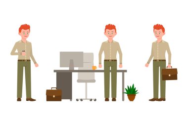 Samimi, gülümseyen, rahat ofis giyim vektör illüstrasyon zarif kırmızı saç adam. Kahve içme, evrak çantası ile ayakta, ön görünüm çocuk karikatür karakter beyaz arka planda set