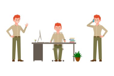 Yeşil pantolon vektör Illustration gülümseyen, neşeli, kırmızı saç ofis adam. Merhaba, masada oturan, yazma, telefon erkek karikatür karakter beyaz arka planda set konuşurken sallayarak