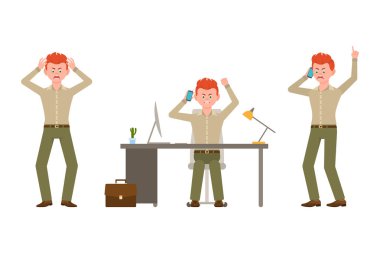 Kızgın, stresli, yeşil pantolon vektör illüstrasyon kırmızı saçlı ofis adam. Telefonda konuşmak, bağırmak, beyaz arka plan üzerine kurulmuş masa başı çizgi film karakteri oturuyor 